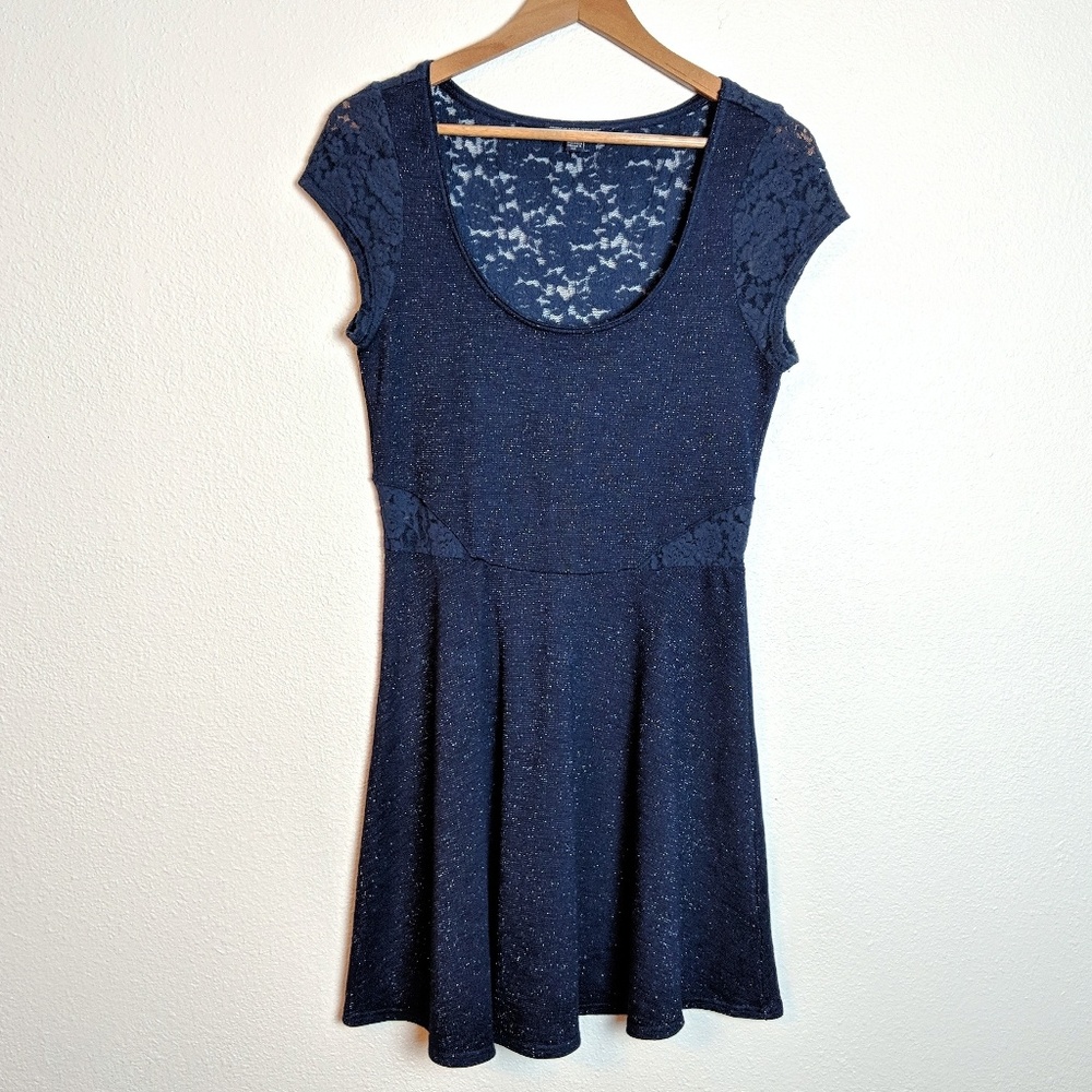 AEO Navy Silver Sparkle fit and flare skater dress